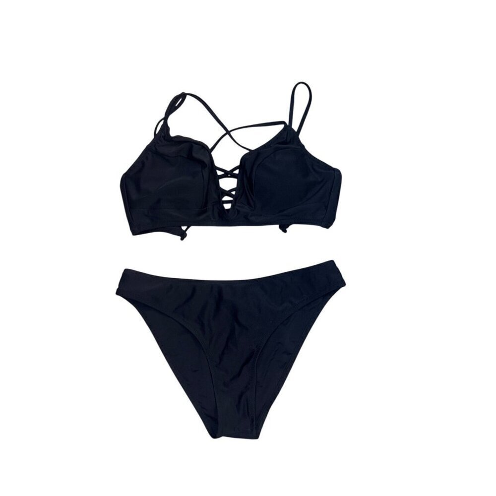 Cupshe Womens Black Lace-Up Bikini Set Swimwear S Nylon & Spandex